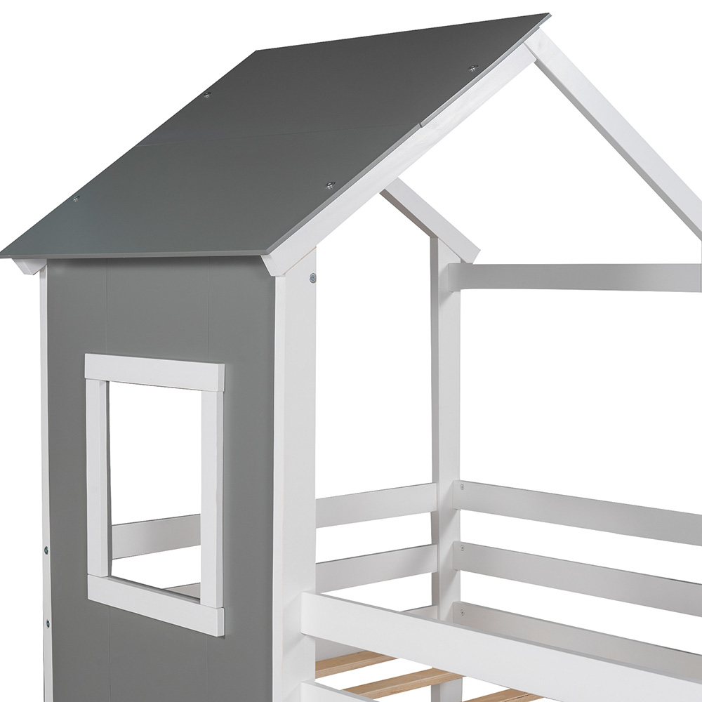 Twin Size Wooden Loft Bed Frame With Roof And Wooden Slats Support, Space-saving Design, No Need For Spring Box - Gray + White 10 Twin Size Wooden Loft Bed Frame with Roof and Wooden Slats Support, Space-saving Design, No Need for Spring Box - Gray + White