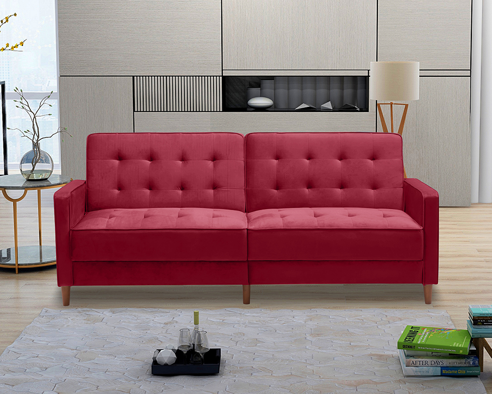 78" Velvet Fabric Upholstered Sofa Bed with Square Armrests Burgundy