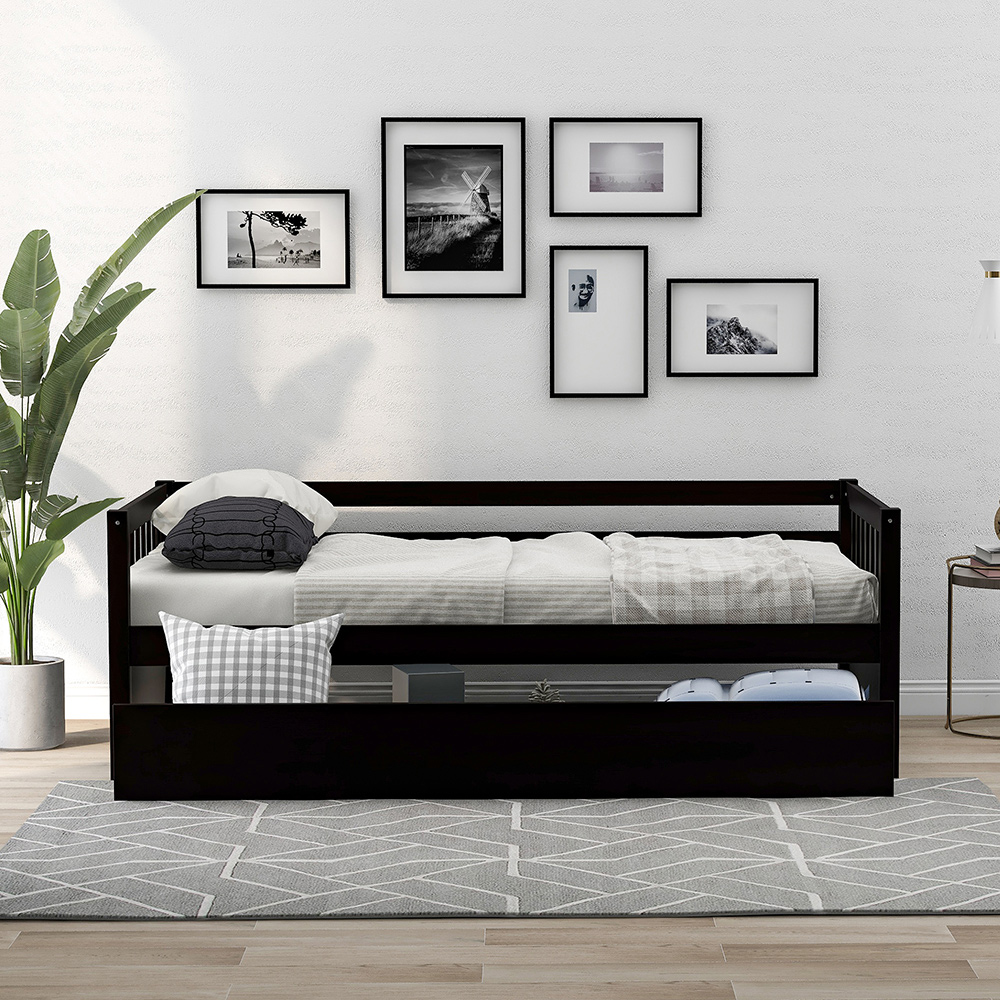 TwinSize Wooden Platform Sofa Bed Frame with 2 Drawers Espresso