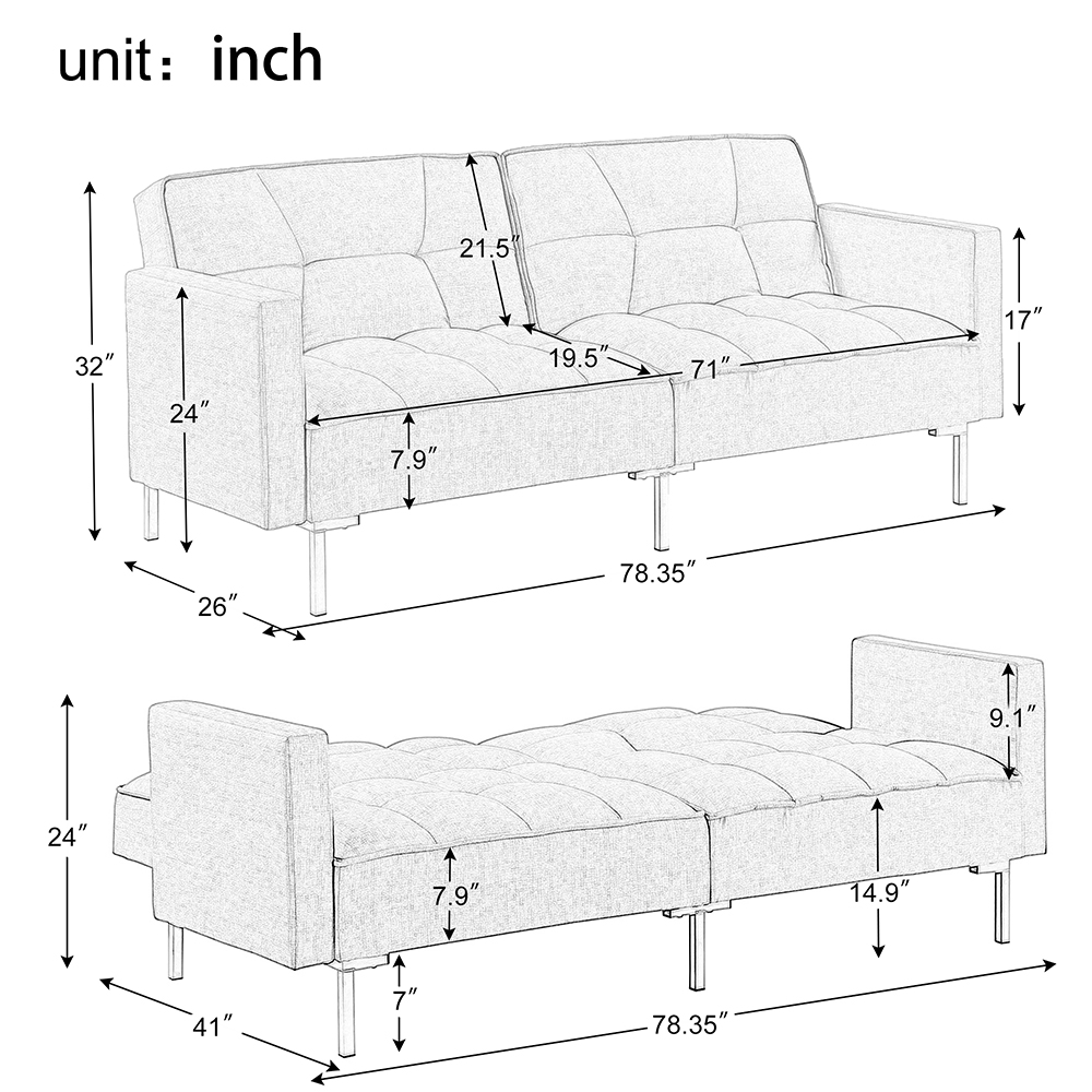 Orisfur Polyester Sofa Bed with Metal Legs and Wooden Frame Gray