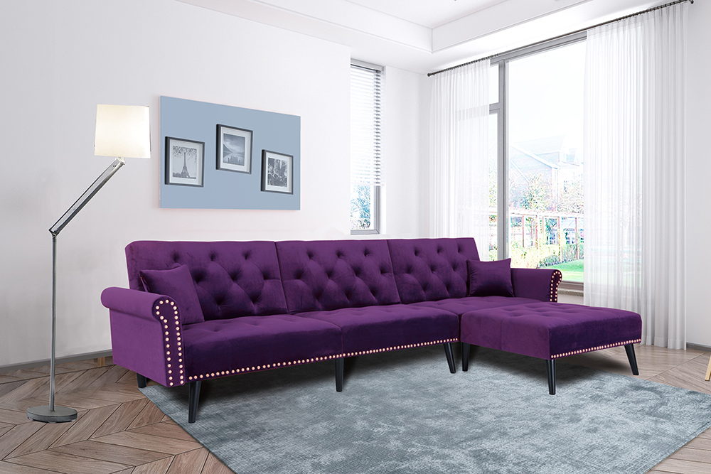 4-Seat Velvet L-shaped Corner Convertible Sofa Bed with Ergonomic Backrest and Solid Wood Feet for Living Room, Bedroom, Office, Apartment - Purple