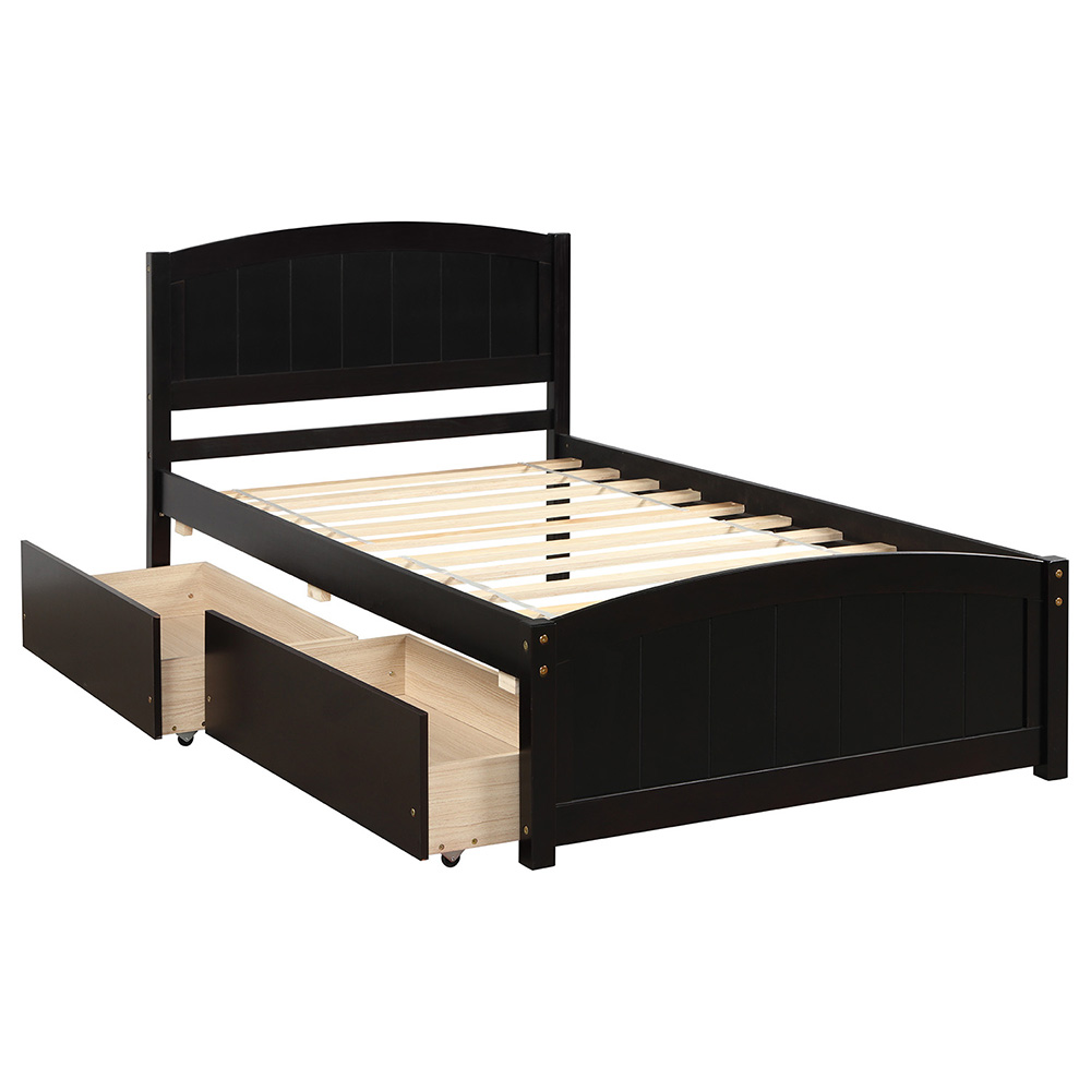 Twin Size Wooden Platform Bed Frame with 2 Storage Drawers, and Wooden Slats Support, No Spring Box Required (Frame Only) - Espresso