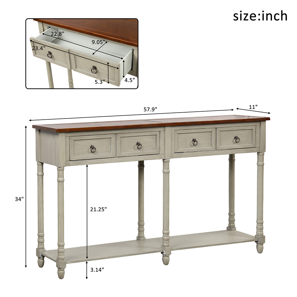 TREXM 58'' Console Table with 2 Storage Drawers, and Bottom Shelf, for Entrance, Hallway, Dining Room, Kitchen - Grey