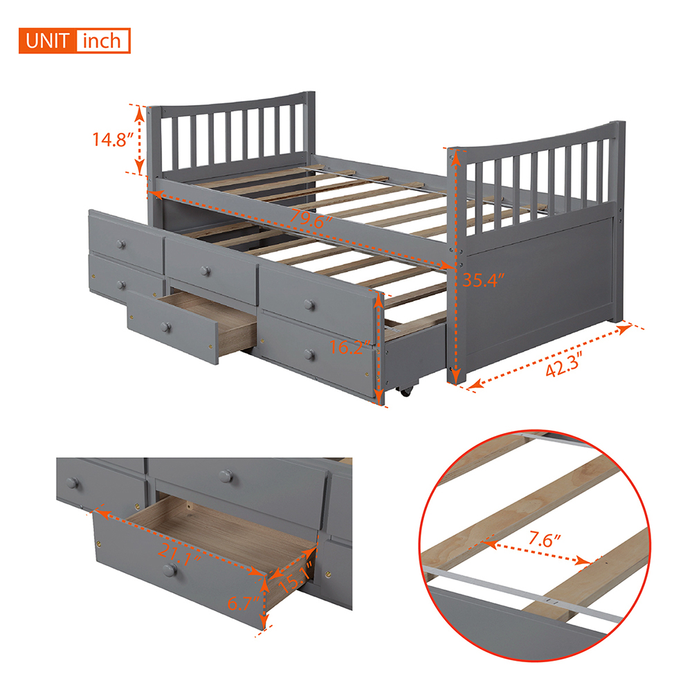Twin Size Wooden Daybed Frame with Trundle Bed and 3 Storage Drawers, No Need for Spring Box, for Living Room, Bedroom, Office, Apartment - Gray