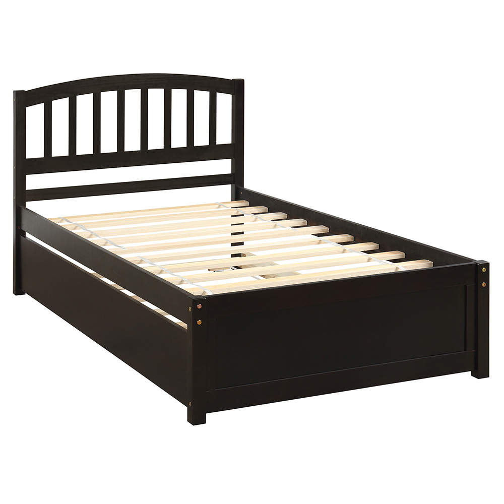Twin Size Wooden Platform Bed Frame with Trundle Bed, and Wooden Slats Support, No Spring Box Required (Frame Only) - Espresso