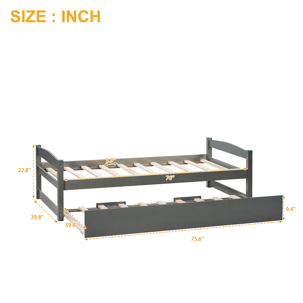 Twin-Size Wooden Platform Bed Frame with Trundle Bed, Suitable for Small Space Apartment, Room - Gray