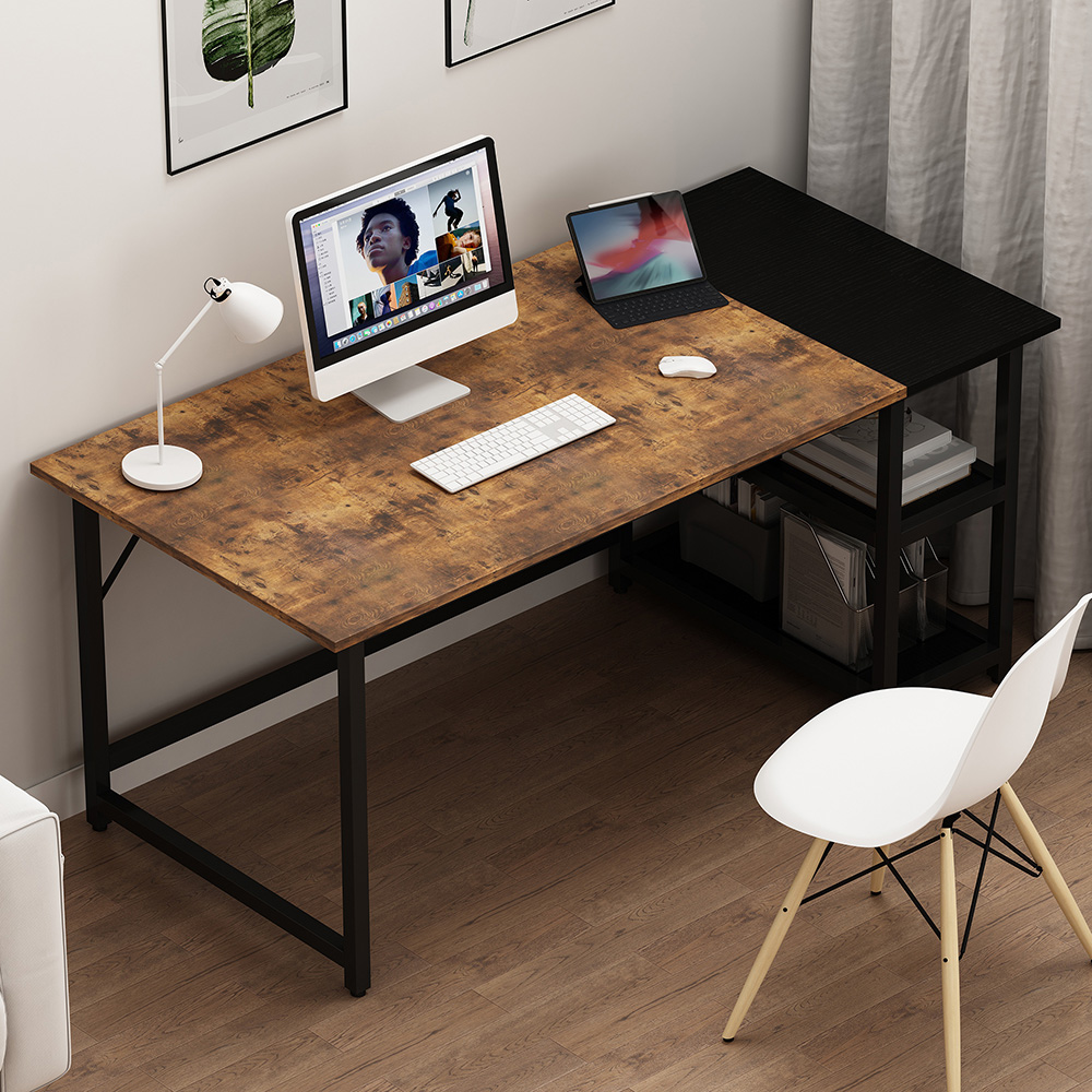 Home Office 55" Modern Splice Style Computer Desk with 2-Layer Wooden Storage Shelves - Black