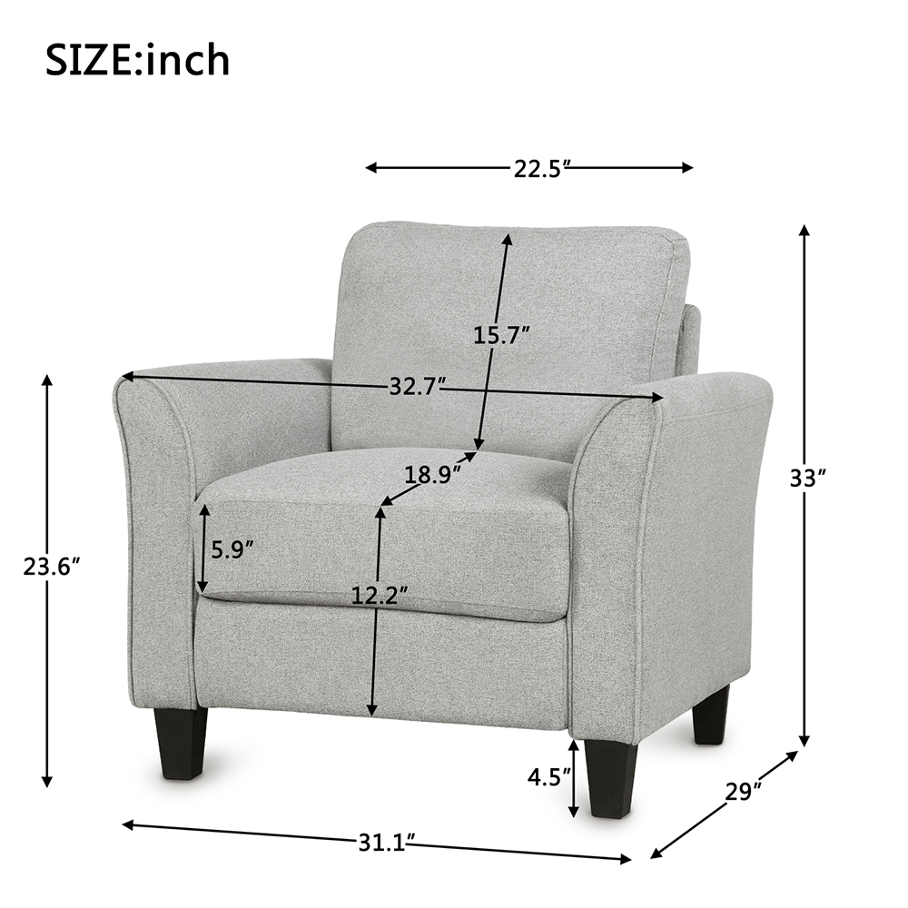 1-Seat Linen Fabric Upholstered Sofa with Armrest and Backrest, for Living Room, Bedroom, Office, Apartment - Light Gray