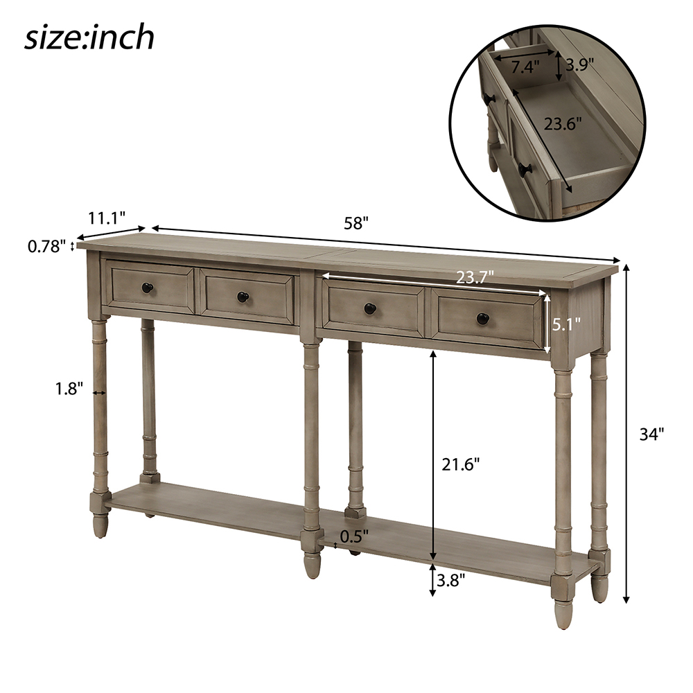 TREXM 58'' Console Table with 2 Storage Drawers, and Bottom Shelf, for Entrance, Hallway, Dining Room, Kitchen - Grey
