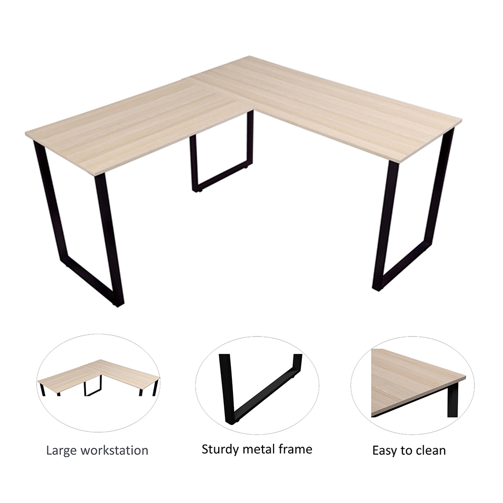 Home Office L-Shape Corner Wooden Computer Desk with Metal Frame - Black