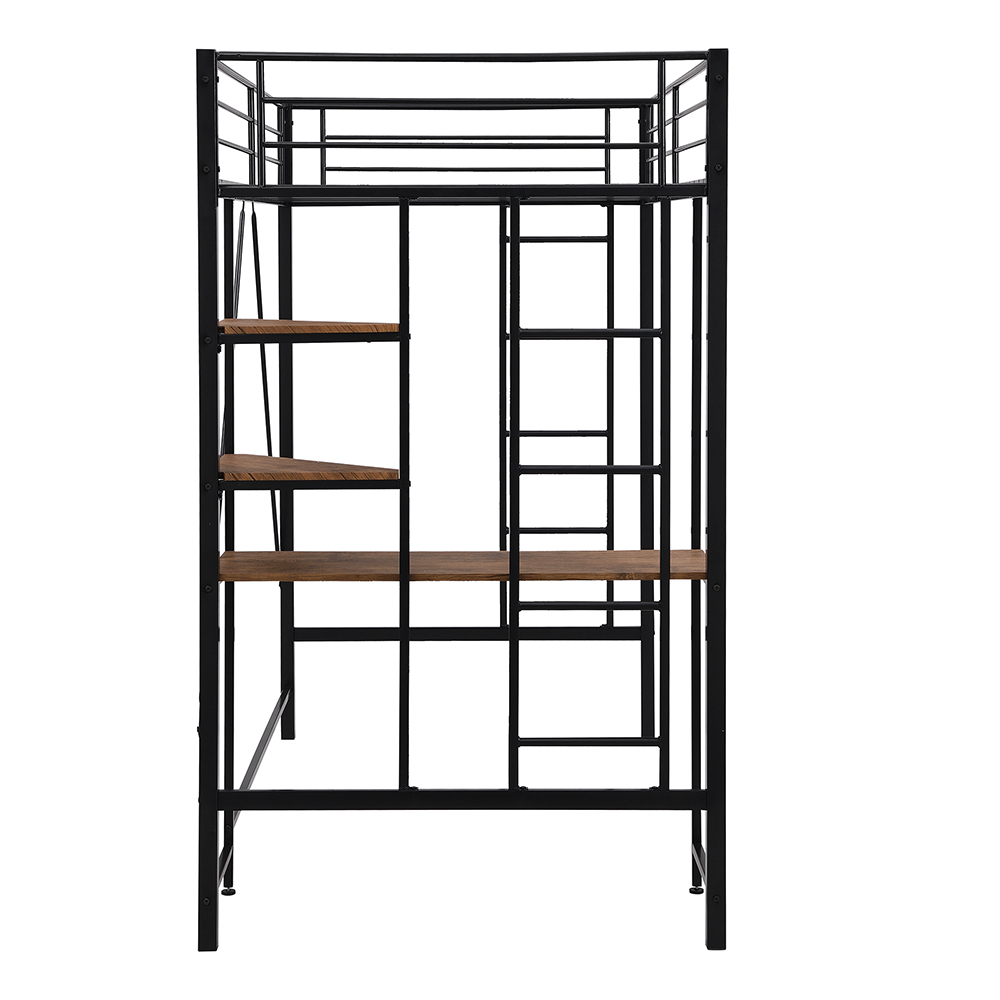 Twin Size Metal Loft Bed Frame with Storage Shelves and Desk, Space-saving Design, No Need for Spring Box - Black