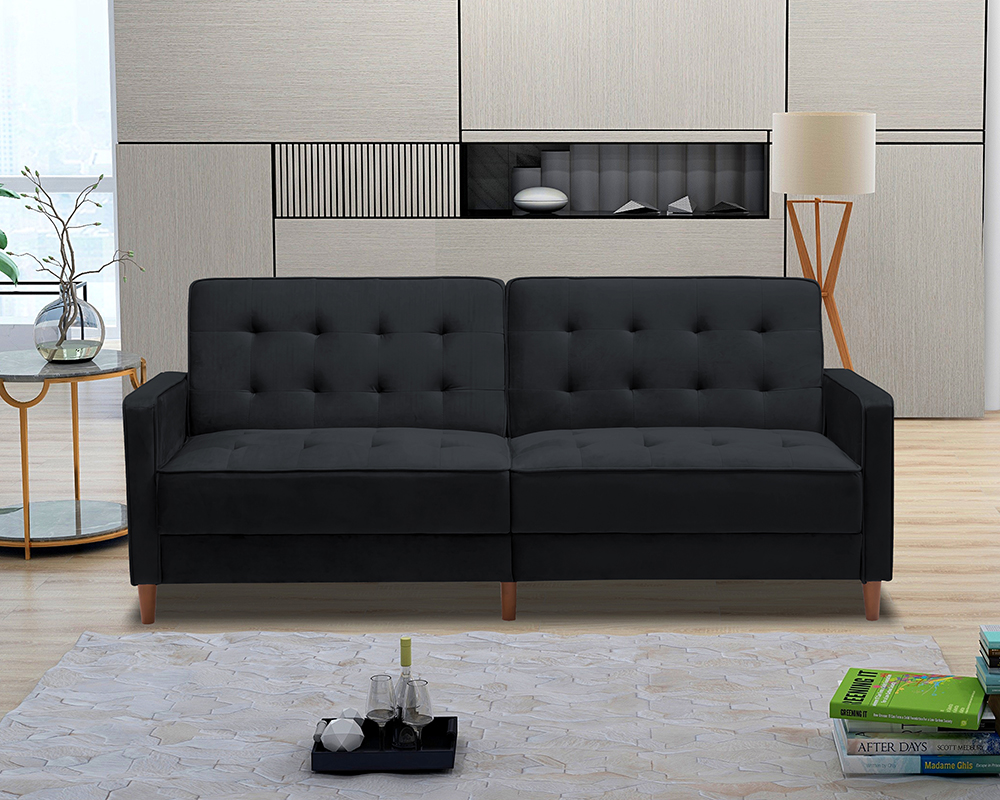 78" Velvet Fabric Upholstered Sofa Bed with Square Armrests Black