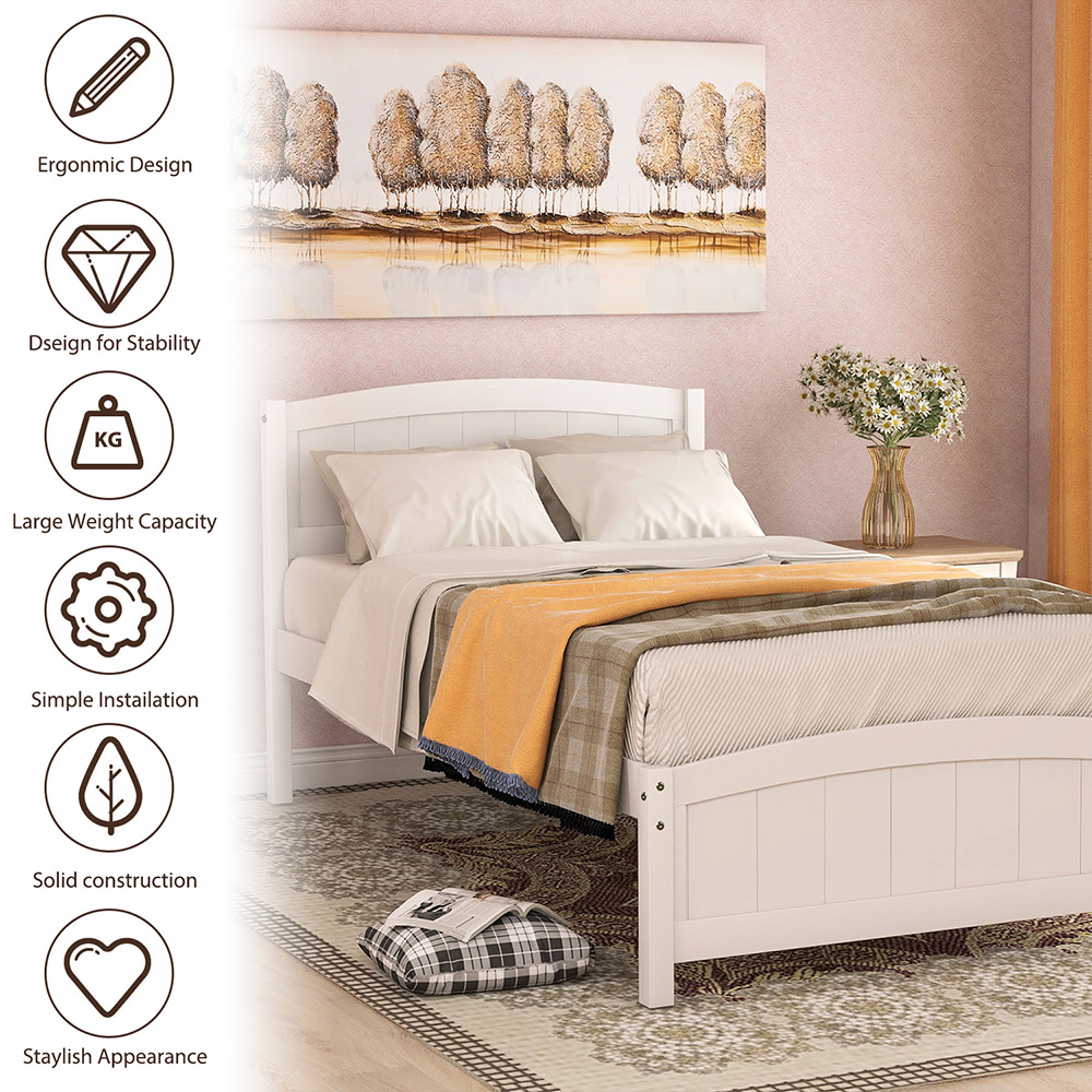 Twin-Size Wooden Platform Bed Frame with Headboard, Footboard, and Wooden Slats Support - White