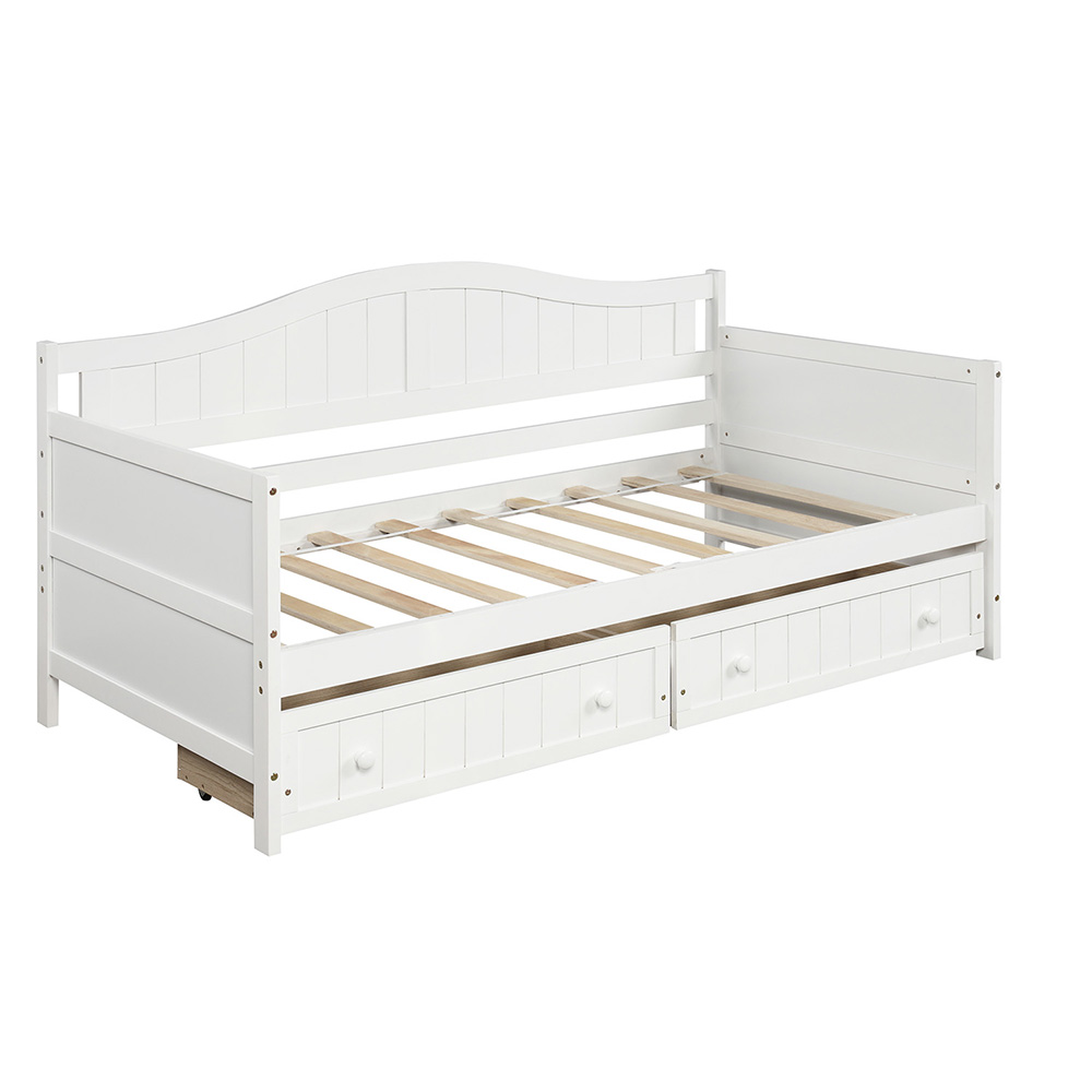 Twin-Size Wooden Platform Daybed Frame with 2 Storage Drawers and Wooden Slats Support - White