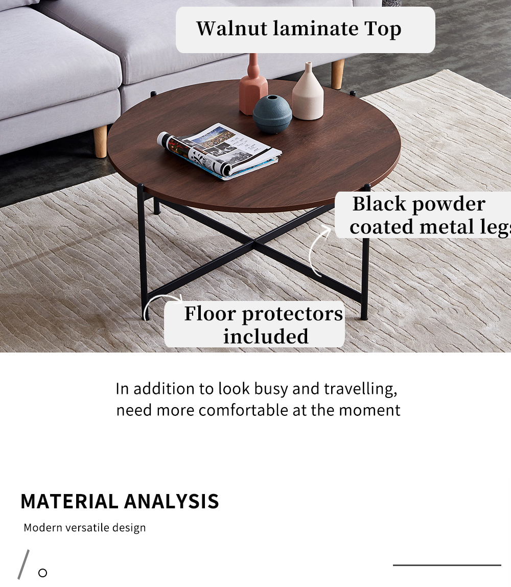 36" Modern Round Coffee Table with Walnut Tabletop and Metal Frame for Living Room, Office, Apartment, Restaurant - Black