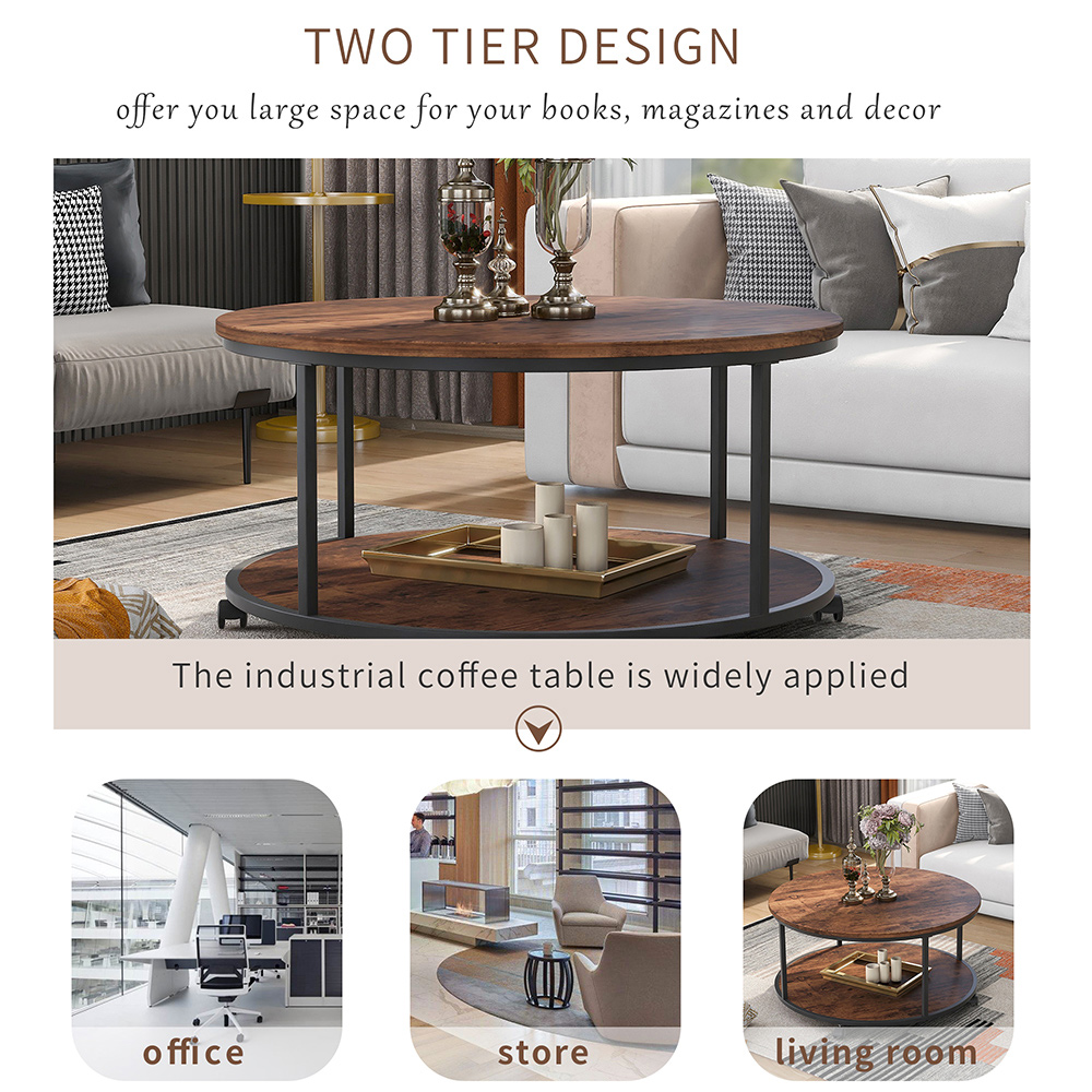 TREXM 35.5" 2-Layer Round Coffee Table with Caster Wheels and Wood Textured Surface, for Kitchen, Restaurant, Office, Living Room, Cafe - Dark Brown