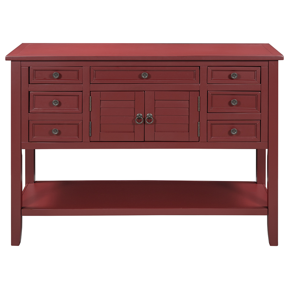U-STYLE 45'' Modern Console Table with 7 Drawers, 1 Cabinet and 1 Shelf, for Entrance Hallway, Dining Room, Bedroom - Red