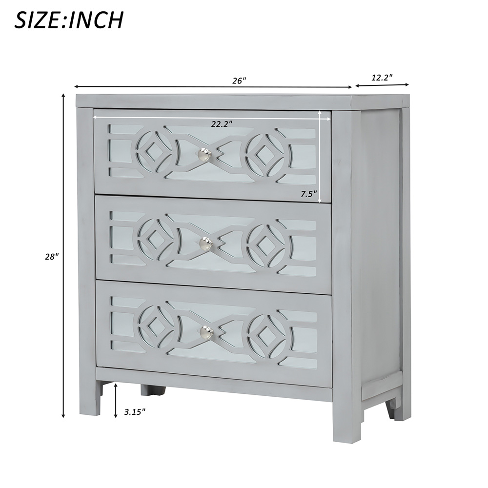TREXM 26" Wooden Storage Cabinet with 3 Drawers and Decorative Mirror, for Entrance, Hallway, Dining Room, Kitchen - Silver