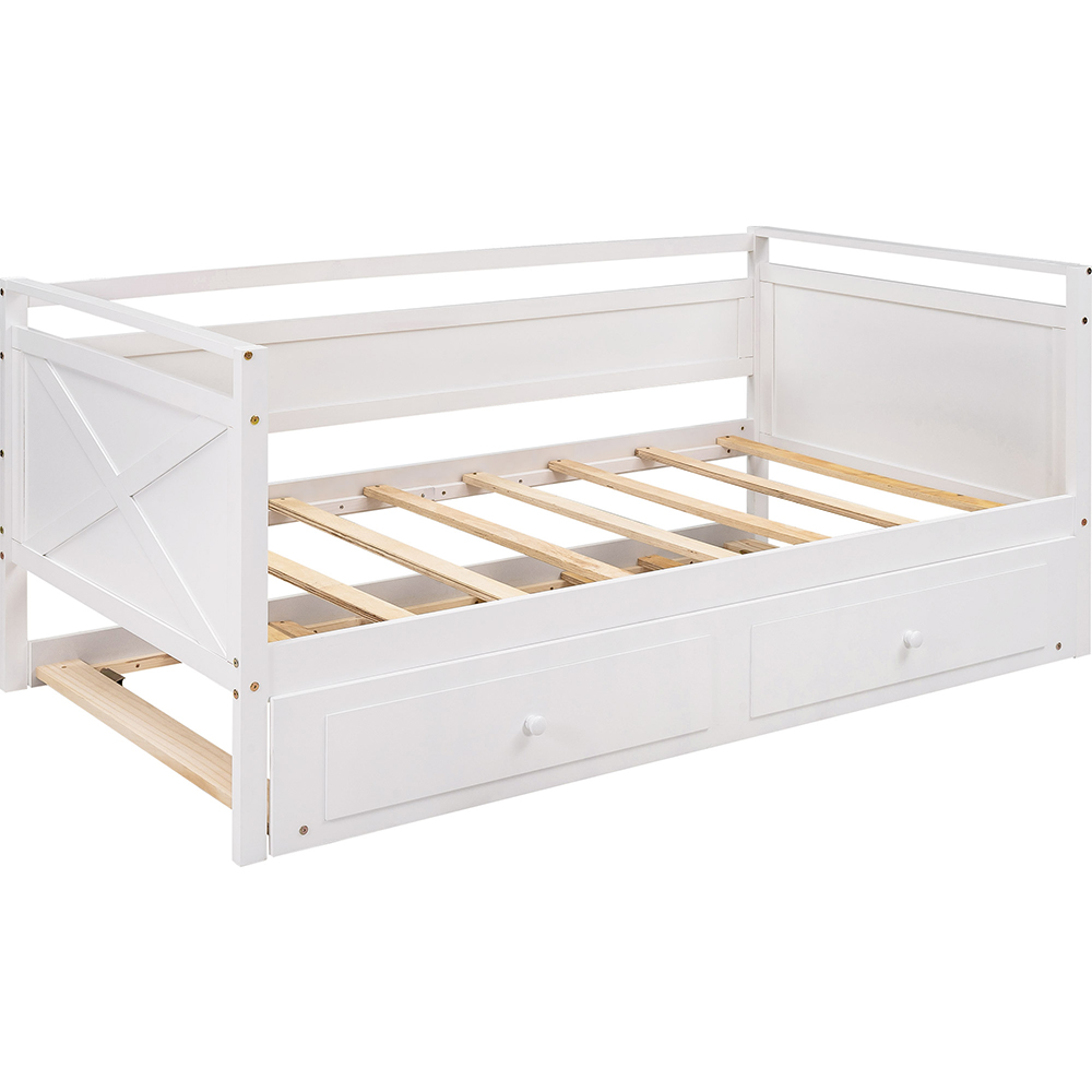 Twin-Size Wooden Daybed  Frame with Trundle Bed and Wooden Slat Support, No Need for Box Spring - White
