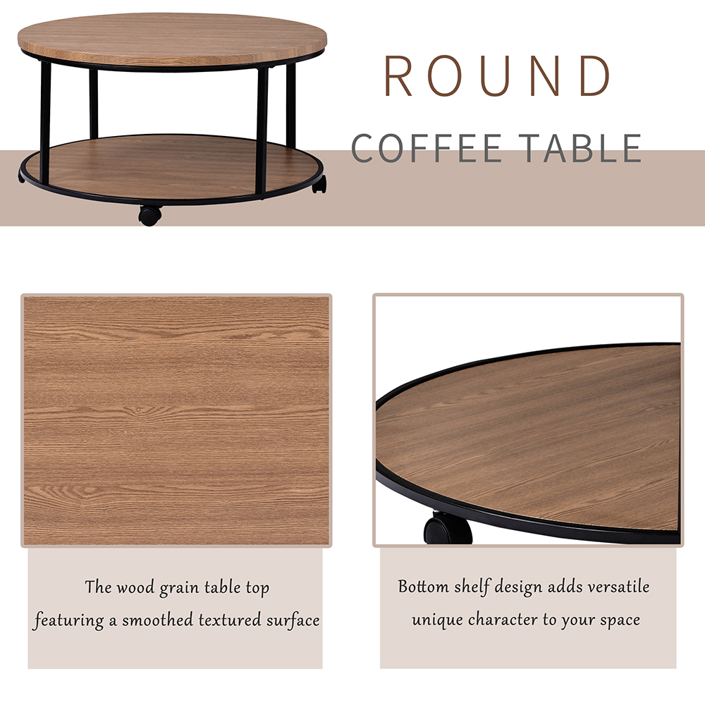 TREXM 35.5" 2-Layer Round Coffee Table with Caster Wheels and Wood Textured Surface, for Kitchen, Restaurant, Office, Living Room, Cafe - Light Brown