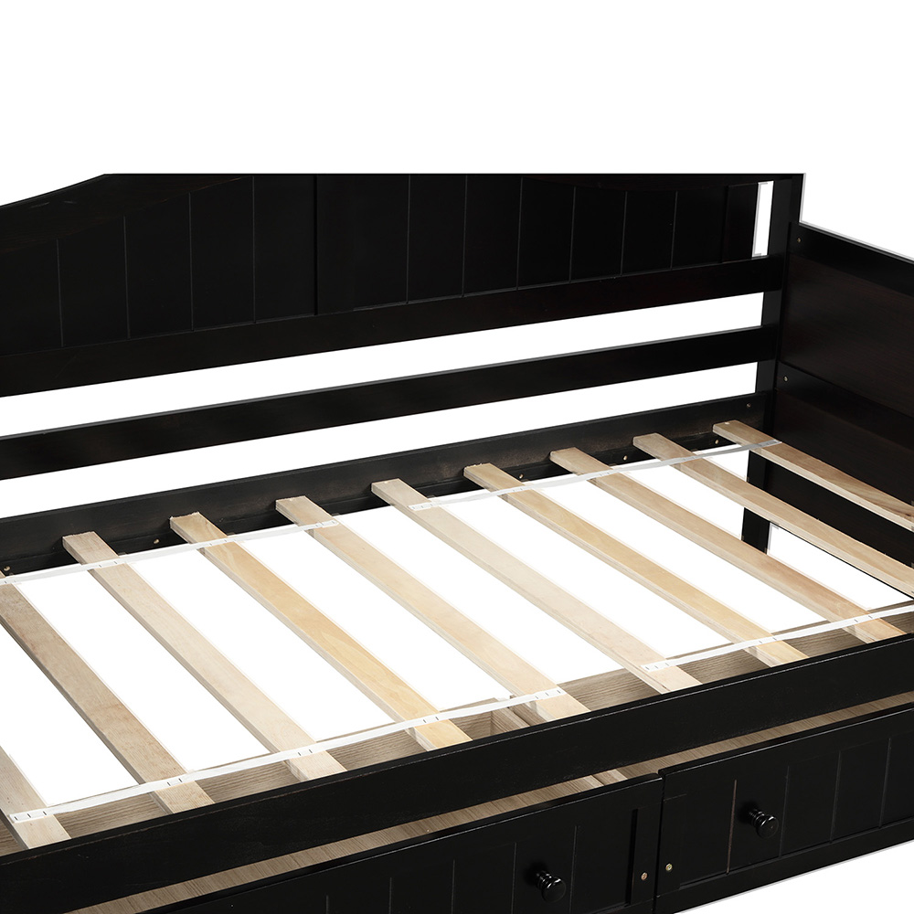 Twin-Size Wooden Platform Daybed Frame with 2 Storage Drawers and Wooden Slats Support - Espresso
