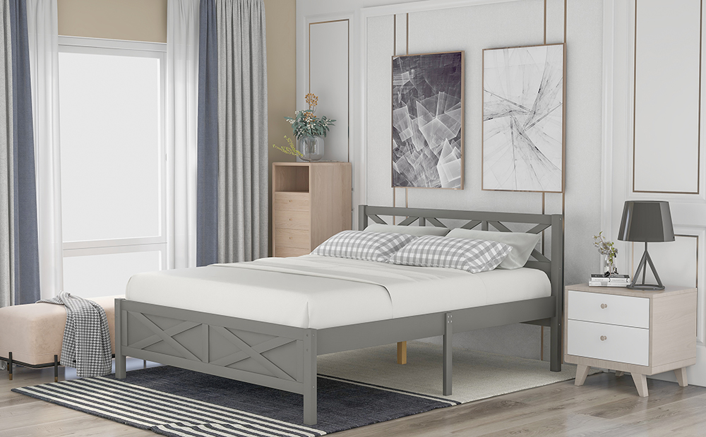 Full Size Wooden Platform Bed Frame with High Legs and Wooden Slats - Gray