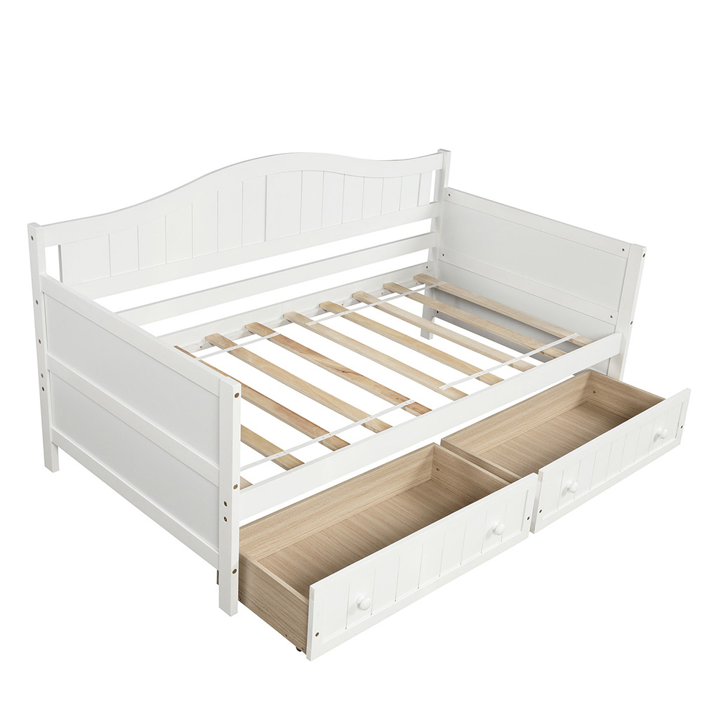 Twin-Size Wooden Platform Daybed Frame with 2 Storage Drawers and Wooden Slats Support - White