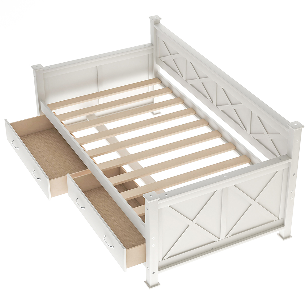 Twin Size Rustic Style Wooden Daybed Frame with 2 Storage Drawers and Wooden Slats Support, No Need for Spring Box, for Living Room, Bedroom, Office, Apartment - White