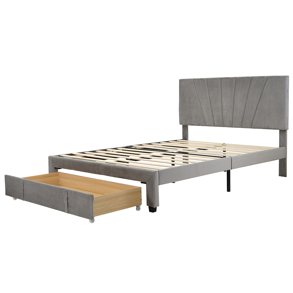 QueenSize Velvet Bed Frame with Storage Drawer Gray United States
