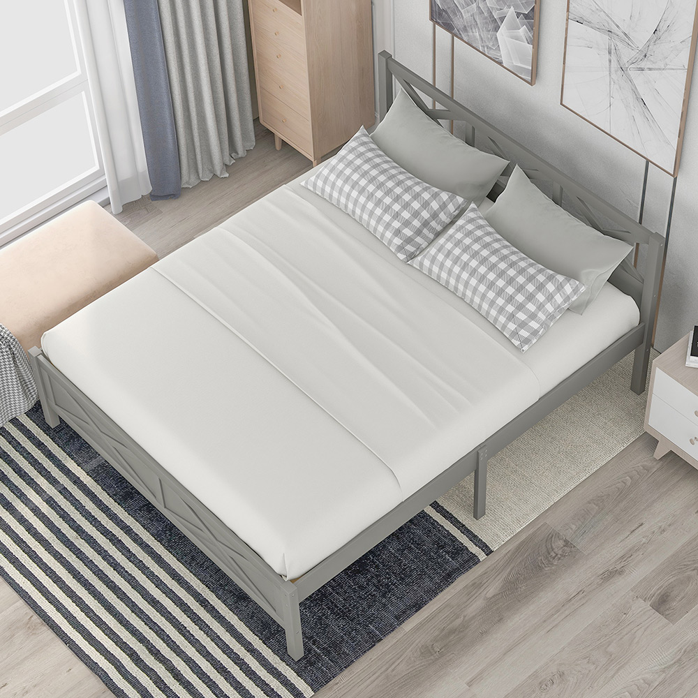 Full Size Wooden Platform Bed Frame with High Legs and Wooden Slats - Gray