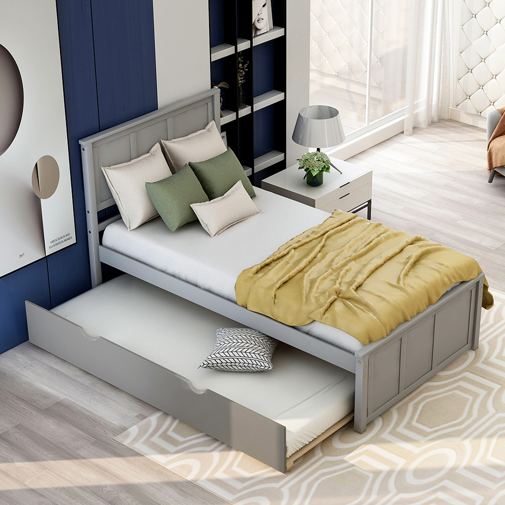 Twin Size Wooden Platform Bed Frame with Trundle Bed, and Wooden Slats Support, No Spring Box Required (Frame Only) - Gray