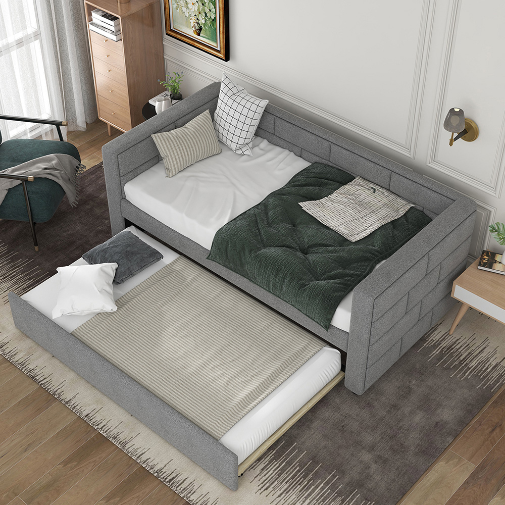 Twin Size Upholstered Daybed Frame With Trundle Bed And Wooden Slats Support, No Need For Spring Box, For Living Room, Bedroom, Office, Apartment - Gray 6 Twin Size Upholstered Daybed Frame with Trundle Bed and Wooden Slats Support, No Need for Spring Box, for Living Room, Bedroom, Office, Apartment - Gray
