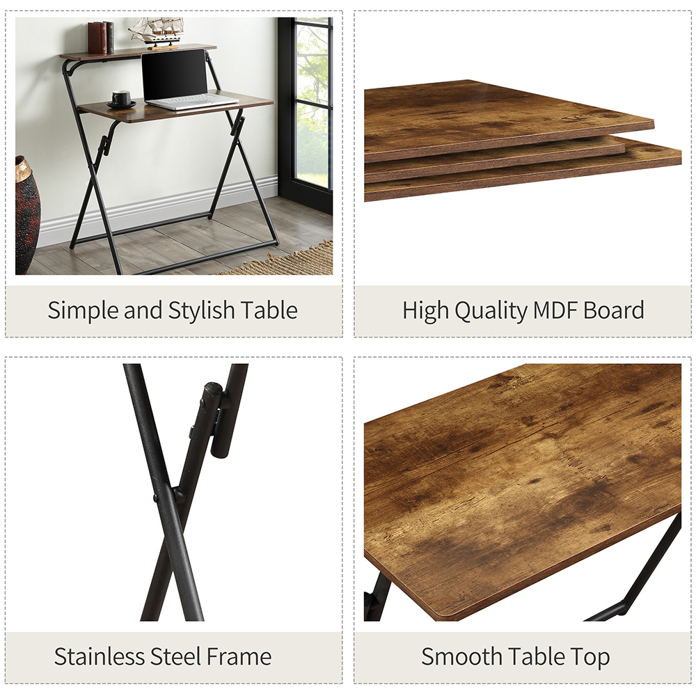 Home Office MDF Folding Computer Desk with Shelf and X-shaped Metal Legs - Tiger