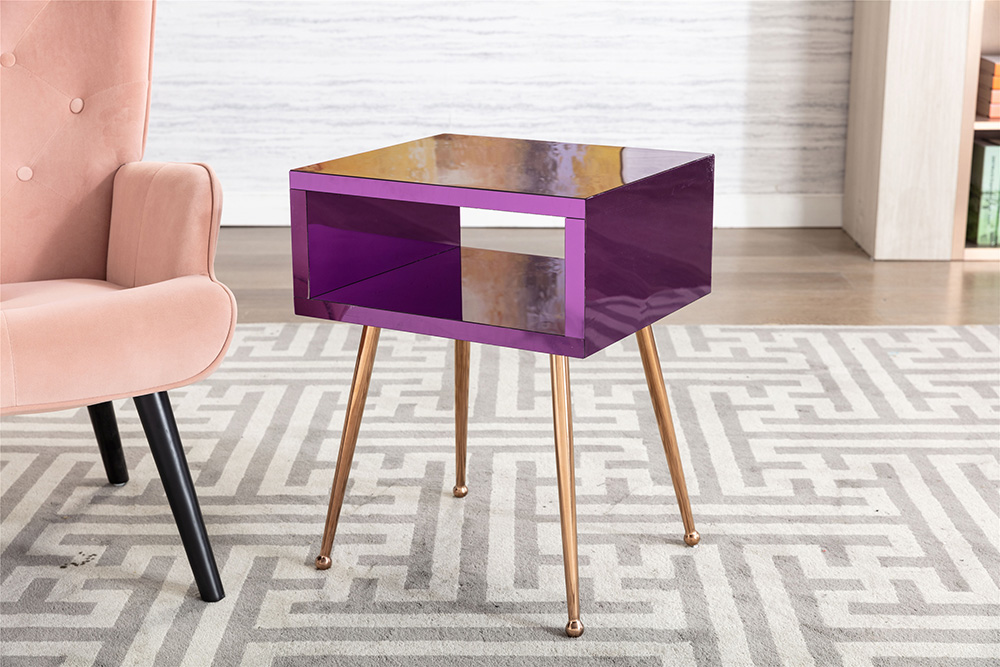 COOLMORE Mirror Bedside Table End Table with Metal High Legs for Living Room, Bedroom, Office, Dressing Room - Purple