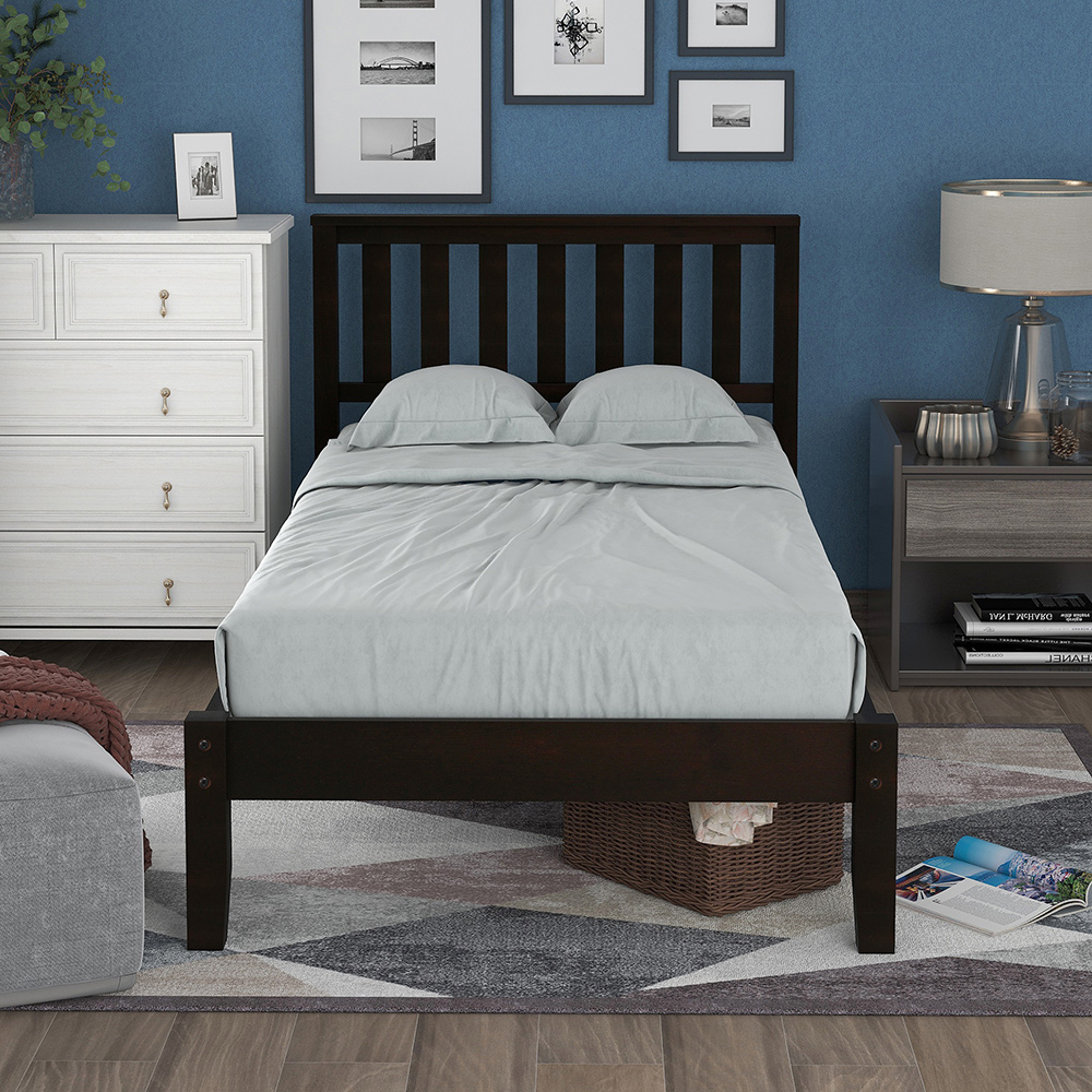 Twin-Size Wooden Platform Bed Frame with Headboard Espresso