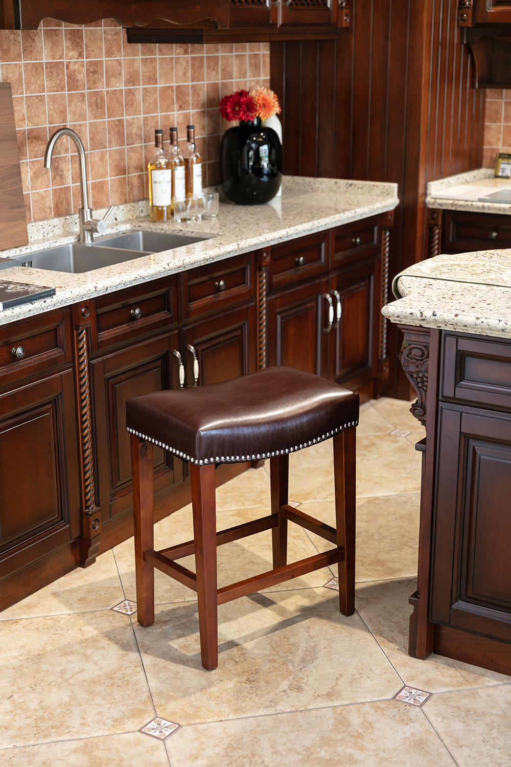 Leather Barstool Set of 2, with Wooden Legs, for Kitchen, Restaurant, Bar, Apartment, Cafe - Brown