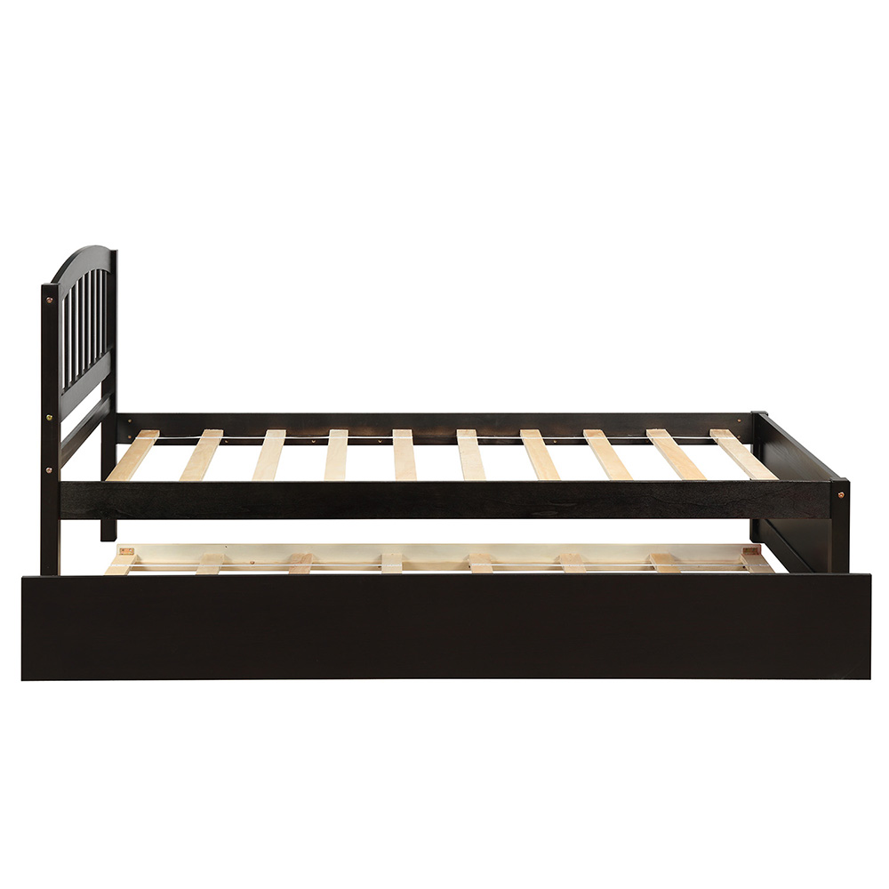 Twin Size Wooden Platform Bed Frame with Trundle Bed, and Wooden Slats Support, No Spring Box Required (Frame Only) - Espresso