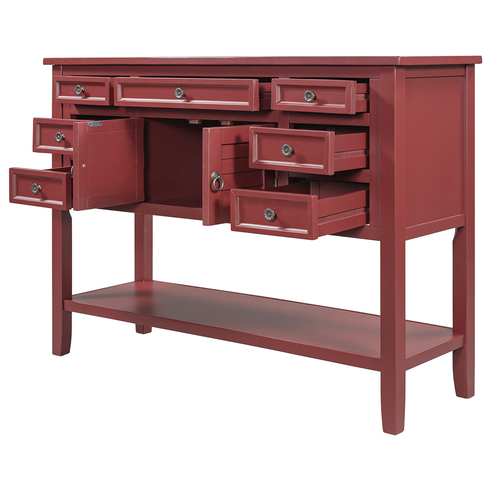 U-STYLE 45'' Modern Console Table with 7 Drawers, 1 Cabinet and 1 Shelf, for Entrance Hallway, Dining Room, Bedroom - Red