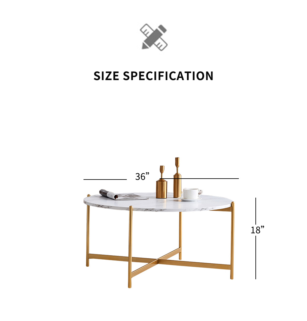 36" Modern Round Coffee Table with Imitation Marble Wooden Tabletop and Metal Frame for Living Room, Office, Apartment, Restaurant - Gold
