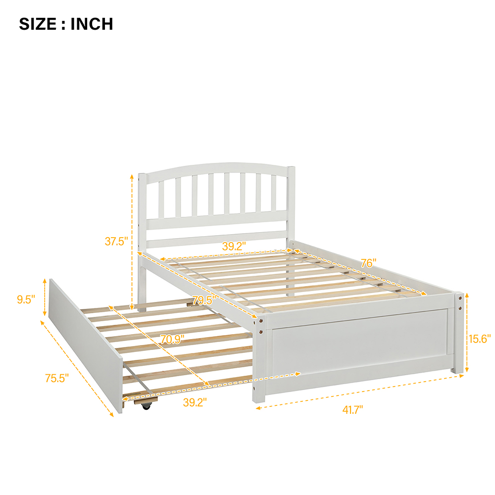 Twin Size Wooden Platform Bed Frame With Trundle Bed, And Wooden Slats Support, No Spring Box Required (Frame Only) - White 11 Twin Size Wooden Platform Bed Frame with Trundle Bed, and Wooden Slats Support, No Spring Box Required (Frame Only) - White