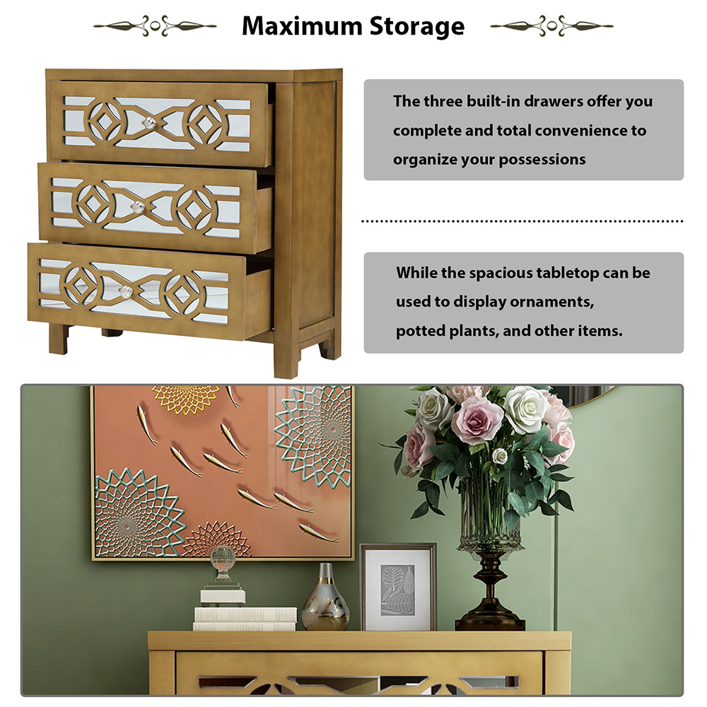 TREXM 26" Wooden Storage Cabinet with 3 Drawers and Decorative Mirror, for Entrance, Hallway, Dining Room, Kitchen - Gold