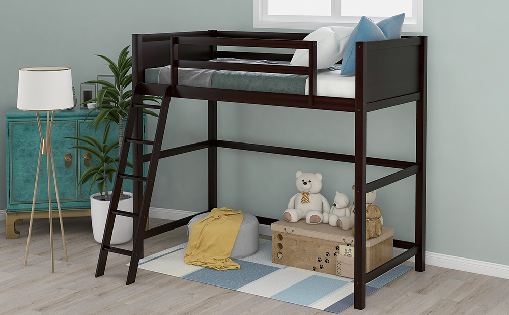 Twin-Size Wooden Loft Bed Frame with Ladder and Wooden Slats Support, Space-saving Design - Espresso