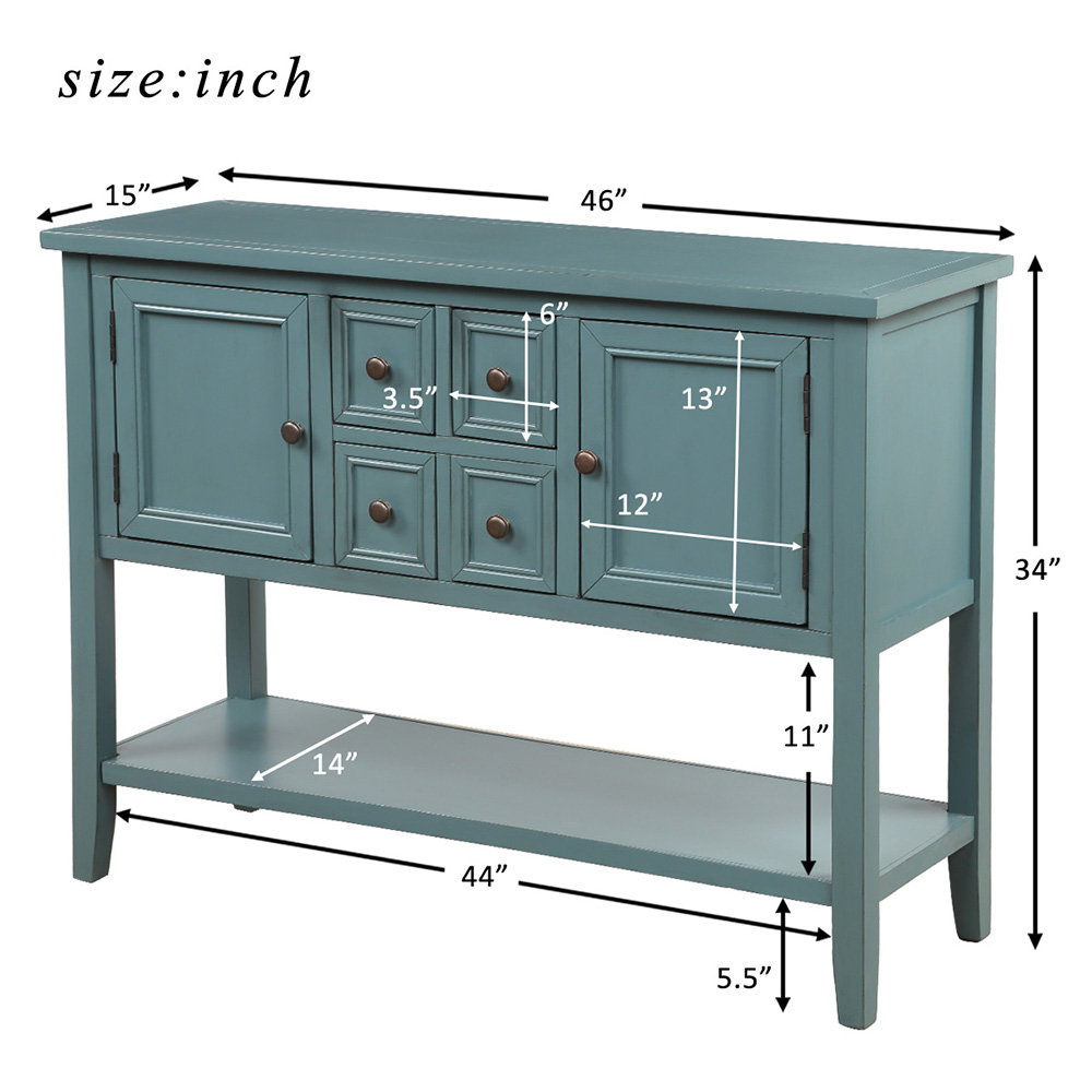 TREXM 46'' Console Table with 4 Storage Drawers, 2 Cabinets and Bottom Shelf, for Entrance, Hallway, Dining Room, Kitchen - Dark Blue