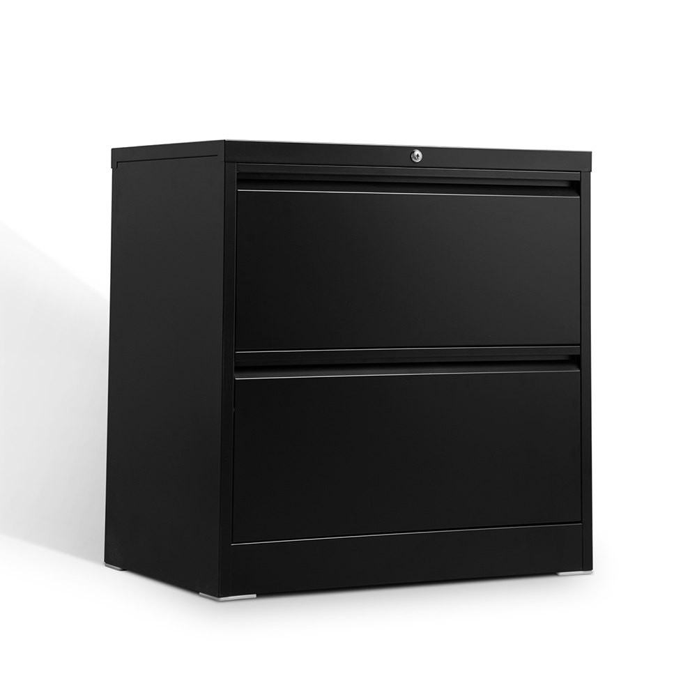 Home Office Lateral Metal Lockable File Cabinet with 2 Storage Drawers, for A4, Letter-Sized and Legal-Sized Hanging Documents - Black