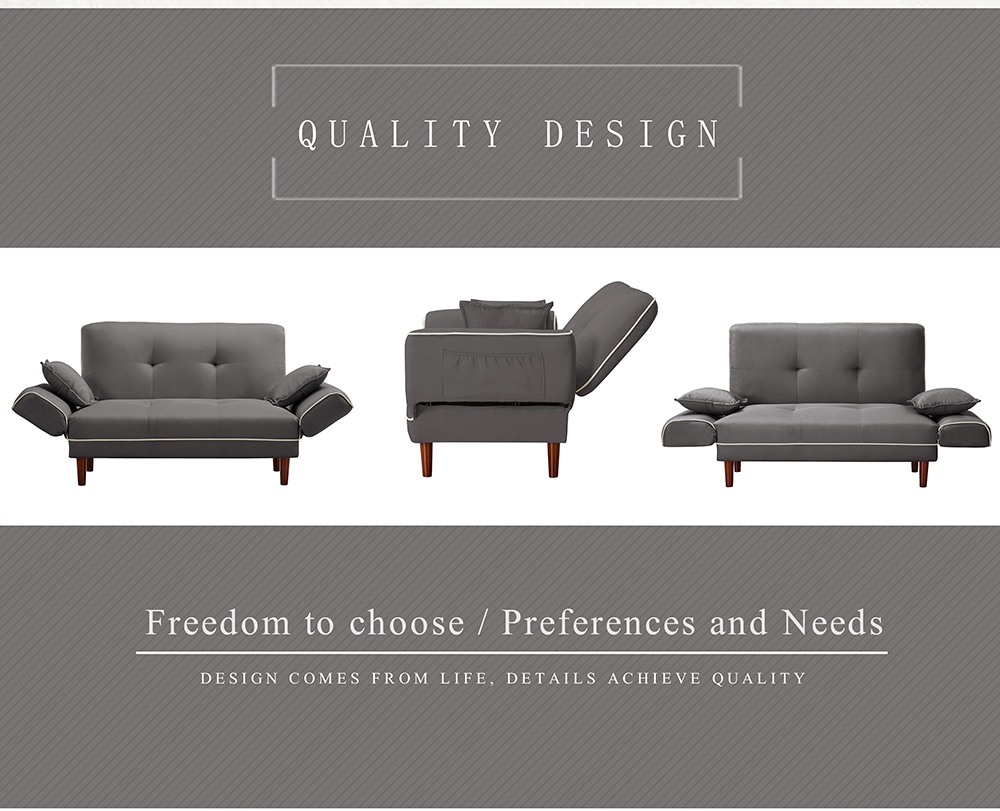 Twin Size Linen Upholstered Sofa Bed with 2 Pillows and Adjustable Armrests for Living Room, Bedroom, Office, Apartment - Grey