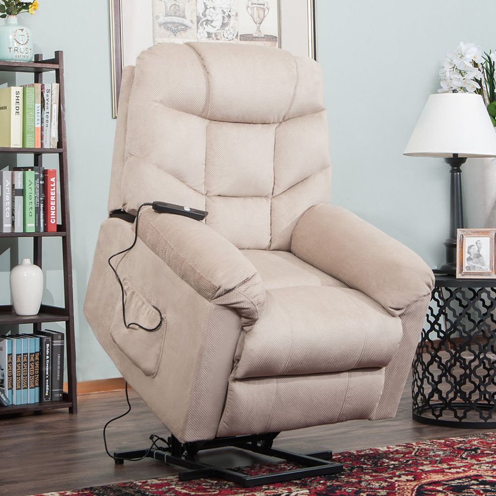 Orisfur Polyester Fabric Upholstered Electric Lift Recliner with High Backrest and Remote Control for Home Theater, Office, Living Room - Beige