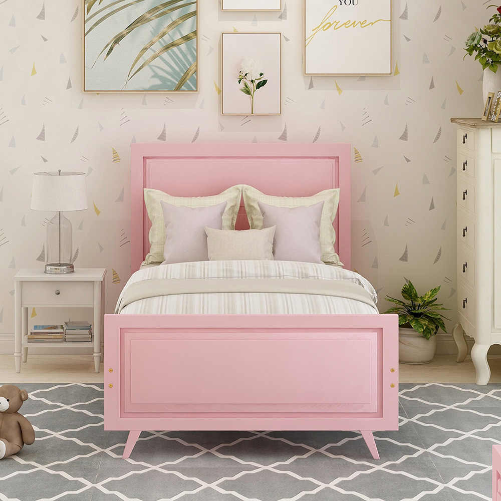 Twin-Size Wooden Platform Bed Frame with Headboard and Wooden Slats Support - Pink