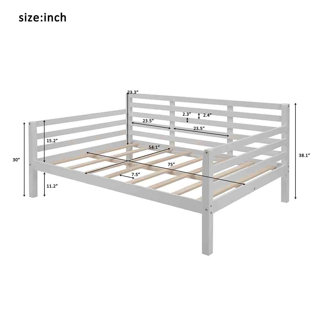 Full-Size Wooden Daybed Frame with Guardrail and Wooden Slat Support - White