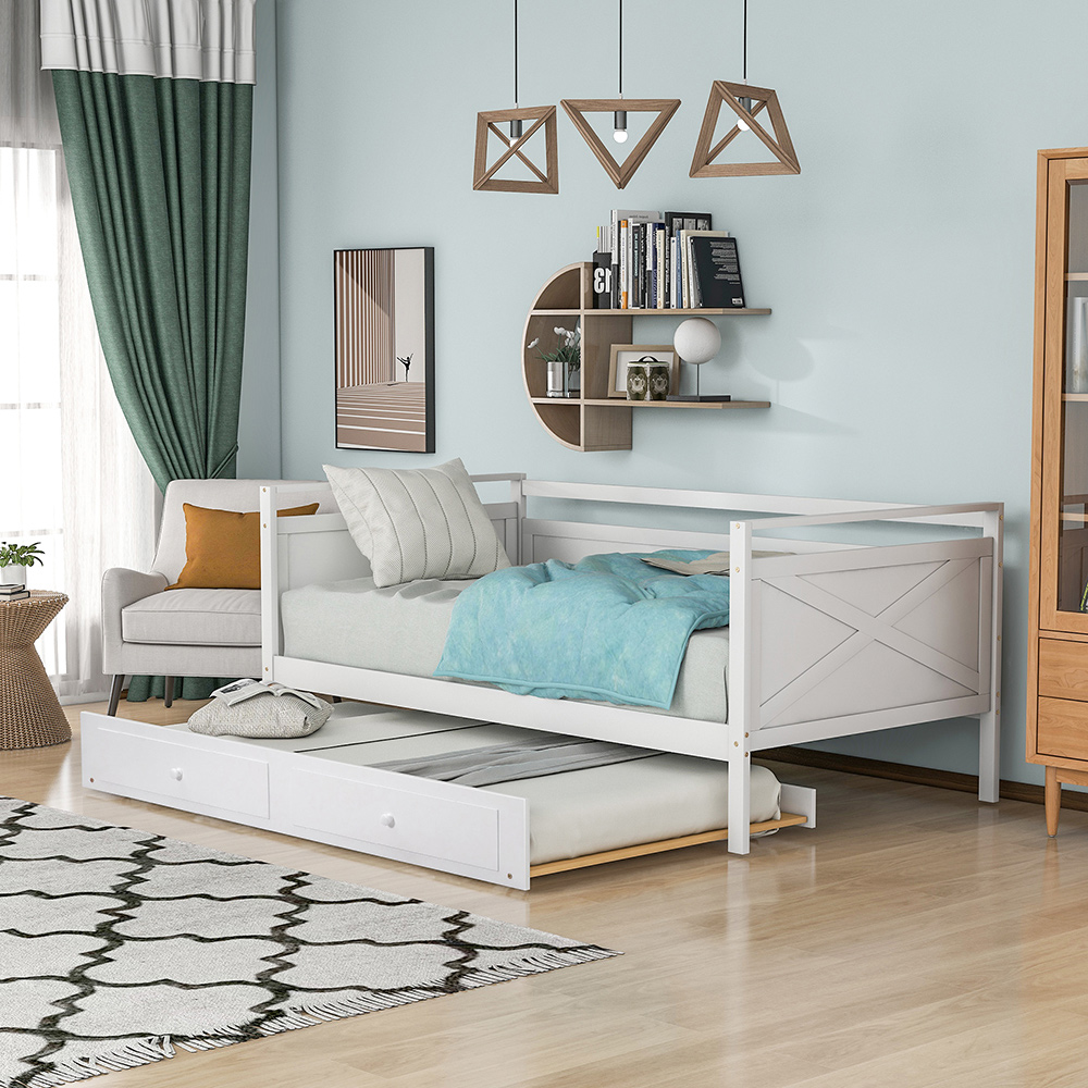 Twin-Size Wooden Daybed  Frame with Trundle Bed and Wooden Slat Support, No Need for Box Spring - White