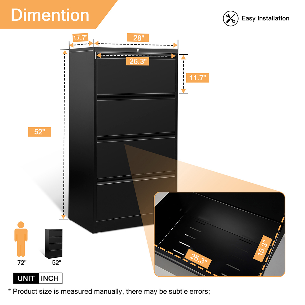Home Office Lateral Metal Lockable File Cabinet with 4 Storage Drawers, for A4, Letter-Sized and Legal-Sized Hanging Documents - Black